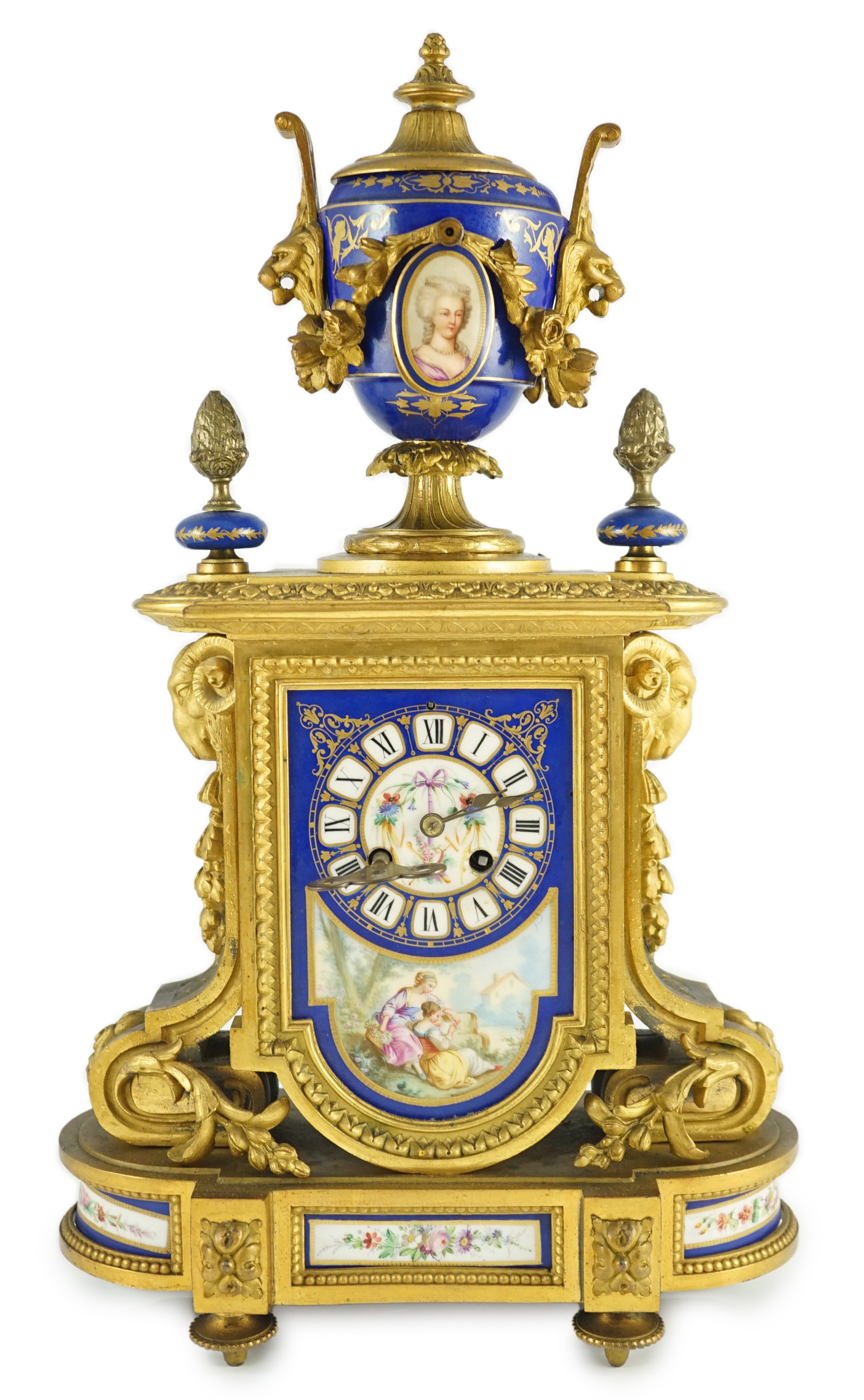 A 19th century French ormolu and Sevres style porcelain mantel clock, 29cm wide, 50cm high